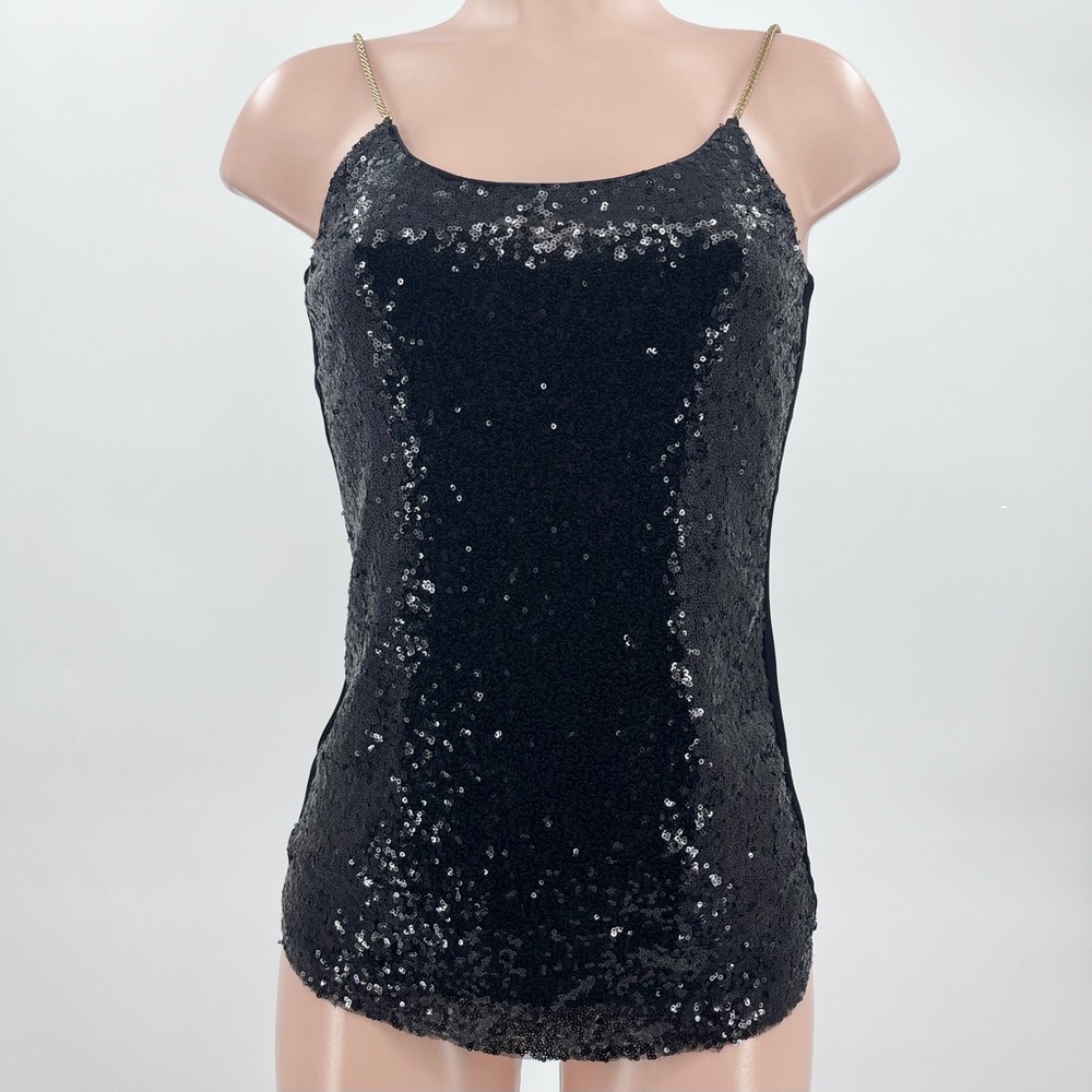 NWT Solution Sparkling Black Sequined Mesh Chain Strap Cami Tank Top Size Medium